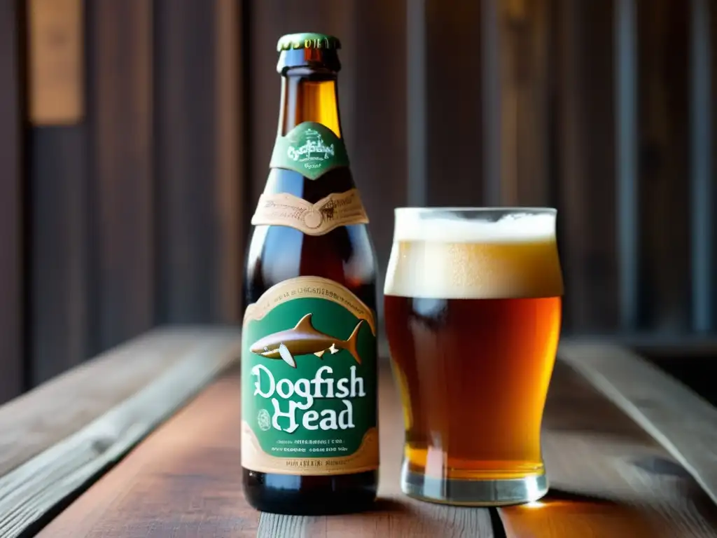 Cerveza artesanal Dogfish Head en botella elegante Botella de cerveza Dogfish Head, elegante diseño con detalles intrincados y premios destacados