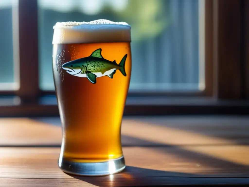 Cerveza Dogfish Head: refrescante y burbujeante Cerveza Dogfish Head con burbujas y condensación en vidrio y madera