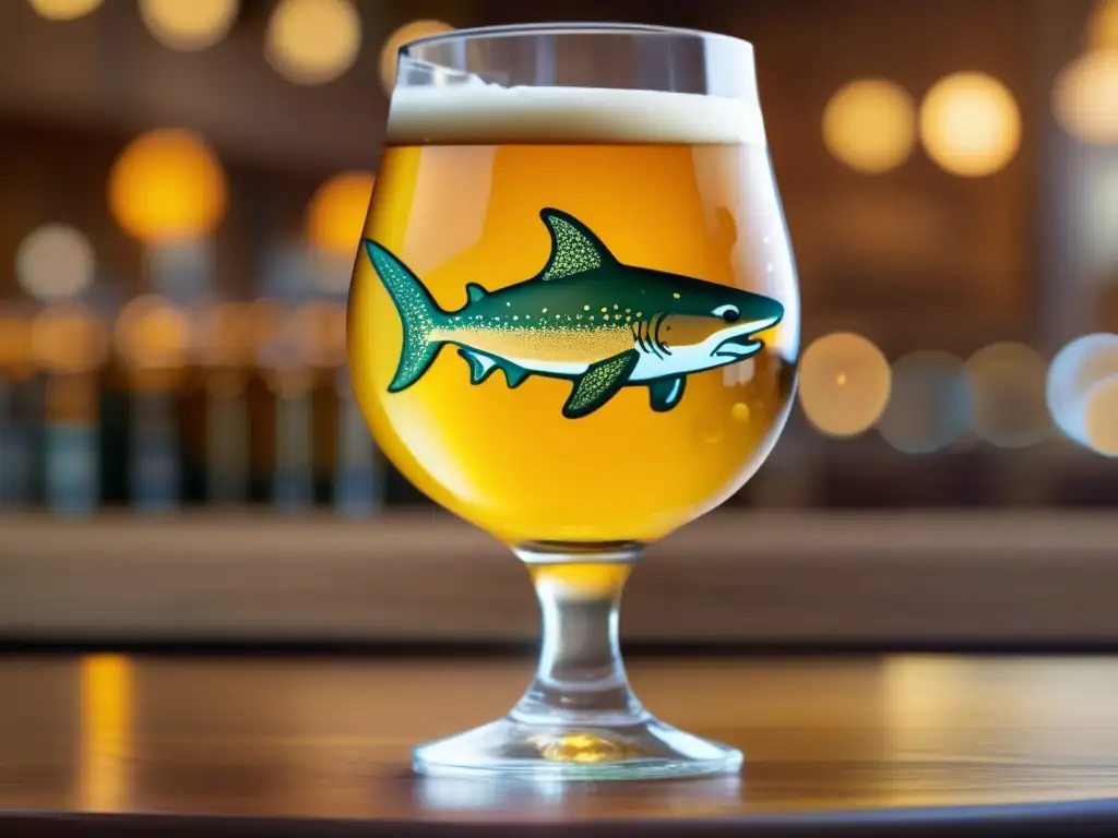 Cerveza Dogfish Head en vaso de vidrio Cerveza Dogfish Head en vaso detallado con logo, reflejando innovación y calidad