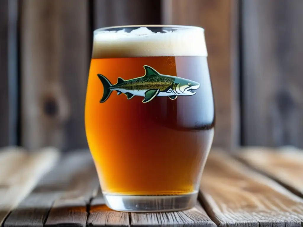 Cerveza Dogfish Head Punkin Ale sobre mesa rústica, con espuma cremosa y burbujas de carbonatación, junto a calabaza con canela