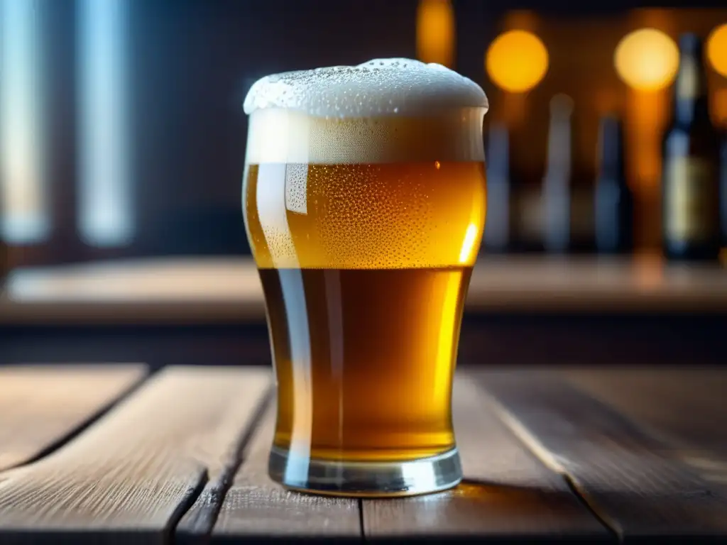 Filtrado Innovador: Cerveza dorada con espuma perfecta y burbujas efervescentes, en un vaso de cristal sobre mesa de madera