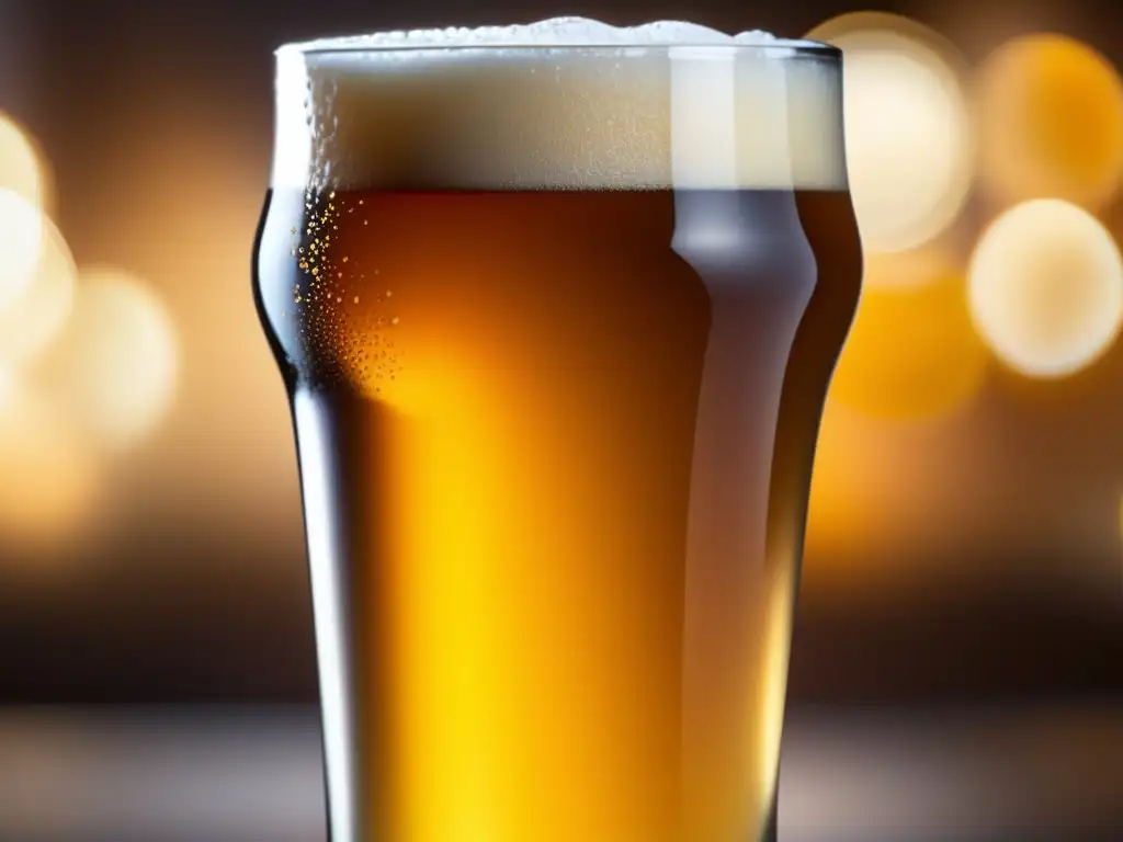 Vaso de cerveza ámbar con burbujeante espuma blanca en Borefts Beer Festival