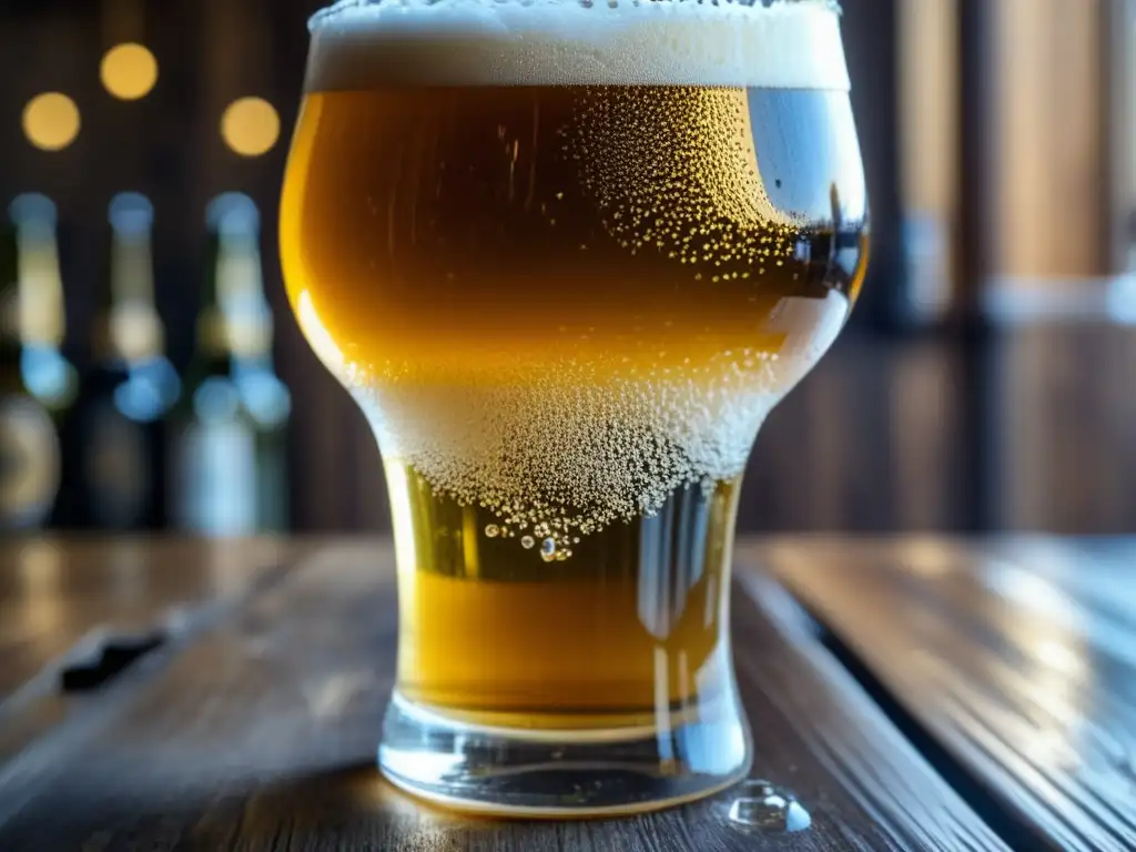 Carbonatación de cerveza en vaso de vidrio con burbujas y espuma en una mesa de madera rústica
