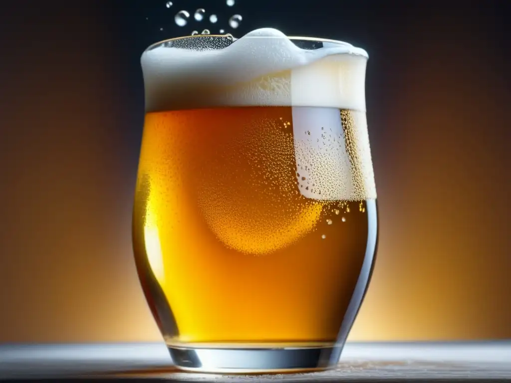 Detallada imagen de una cerveza ámbar con burbujas y espuma, capturando su atractivo visual