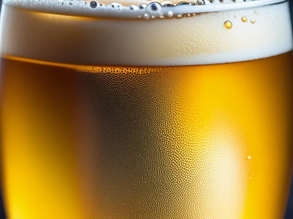 Detalles de una cerveza dorada con burbujas, textura aterciopelada, condensación y defectos a identificar