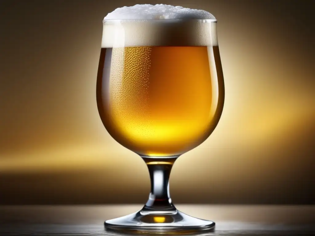 Cerveza dorada en vaso elegante Imagen de un vaso de cerveza dorada con burbujas y condensación - Vasos y Copas