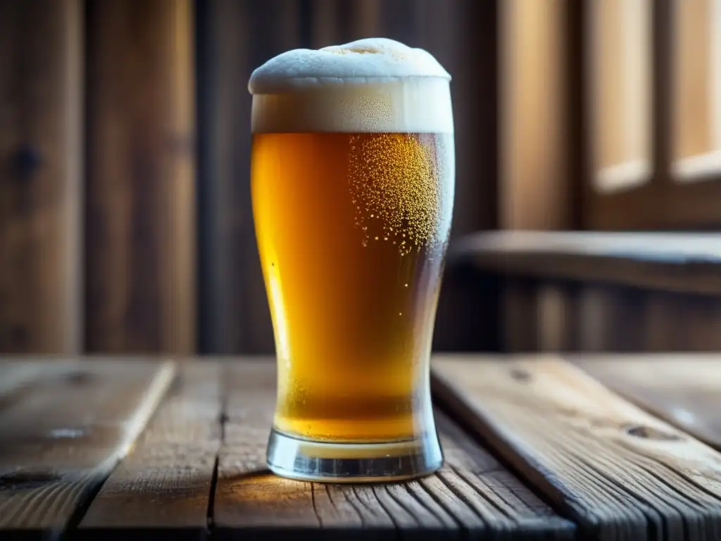 Vocabulario cervecero: Cerveza dorada con burbujas y espuma en vaso sobre mesa de madera rústica