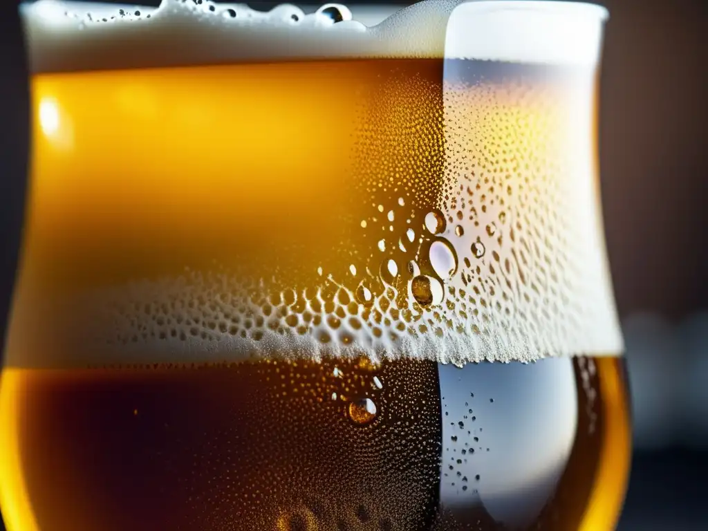 Copa de cerveza dorada con burbujas y espuma