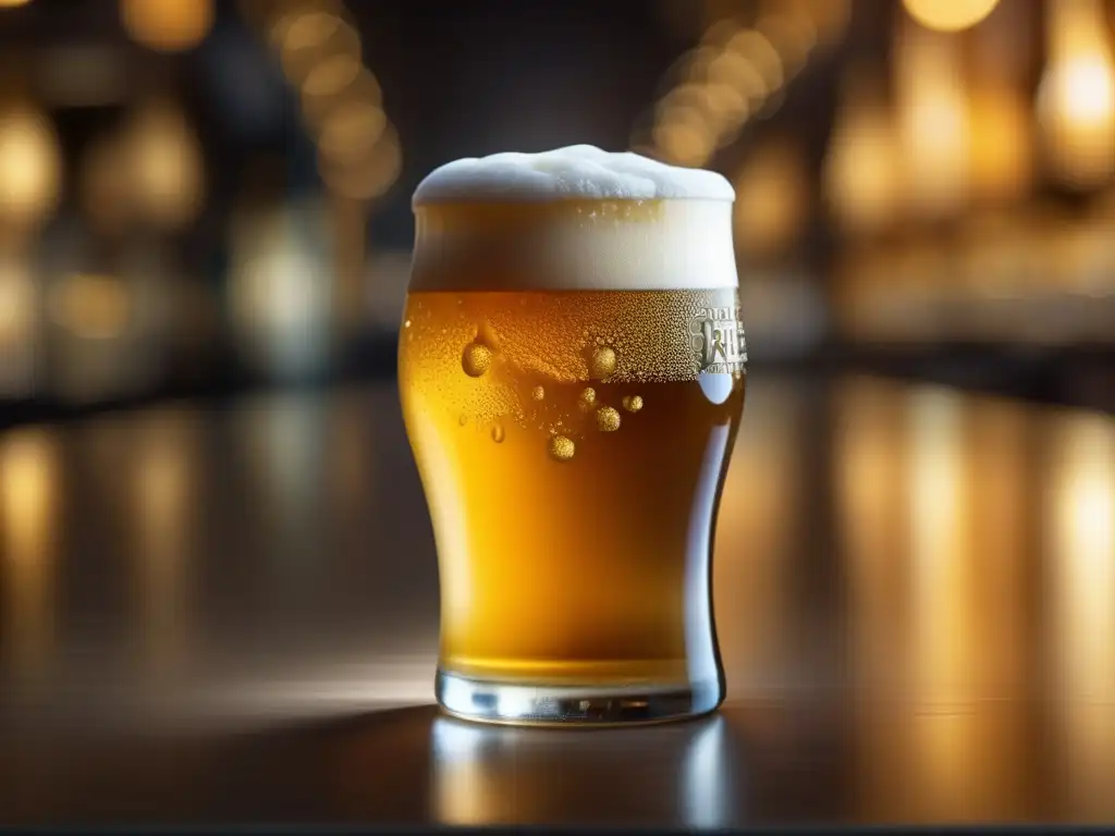 Cerveza dorada con espuma en vaso adornado Detalle ultradetallado de una cerveza dorada y espumosa en un vaso, con burbujas finas y una cabeza cremosa
