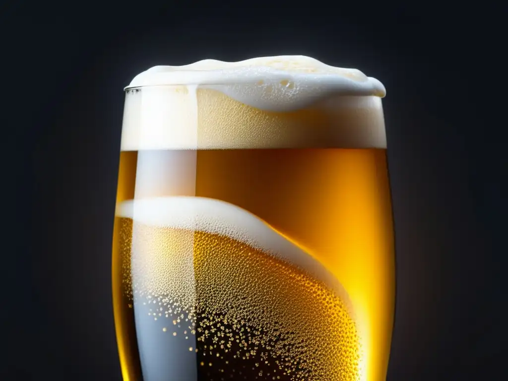Cerveza dorada y espumosa en vaso elegante Imagen detallada de una copa de cerveza dorada y espumosa en un fondo negro
