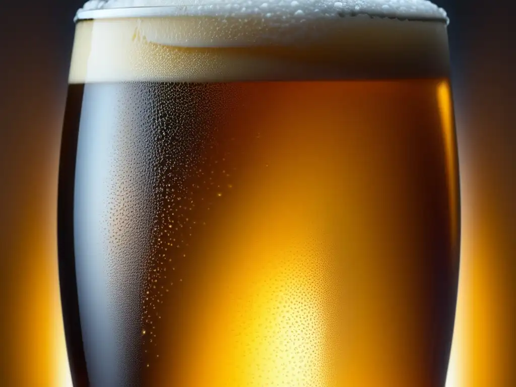 Detalle ultradetallado de un vaso de cerveza con burbujas, textura y tonos ámbar - Análisis Regional