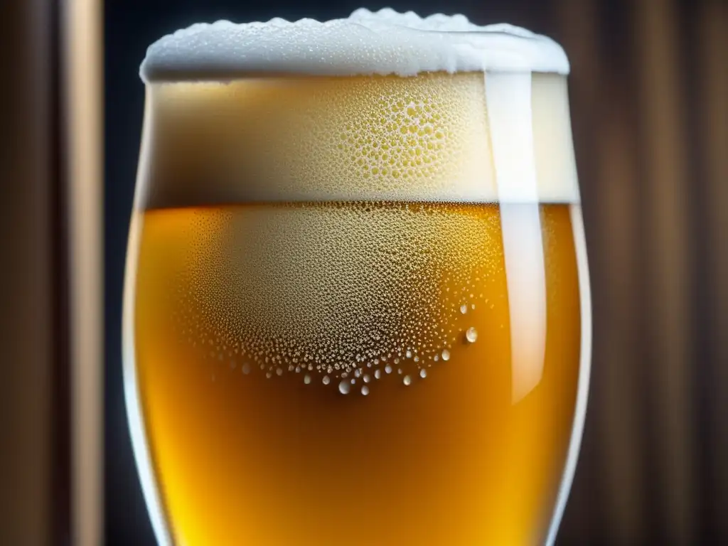 Refrescante cerveza dorada con espuma cremosa Cerveza dorada con espuma cremosa y burbujas, de sabor exótico