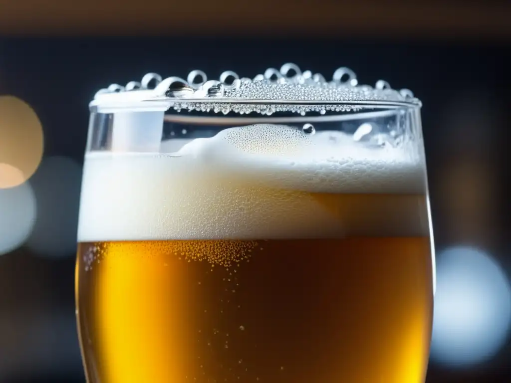 Cerveza dorada con burbujas y condensación, creando una atmósfera fresca y vibrante - Conocimientos Cerveceros