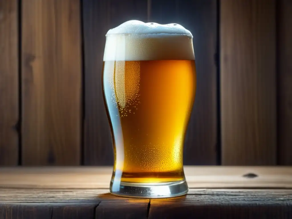 Detallada imagen en 8k de una cerveza dorada con burbujas, condensación y textura suave