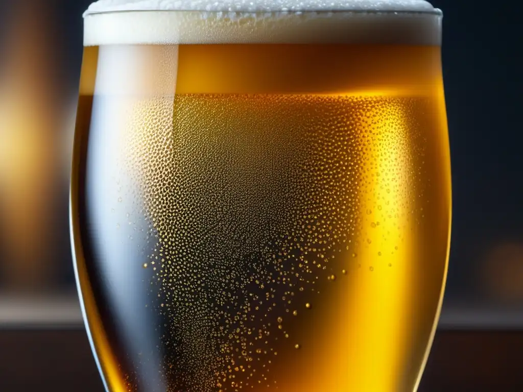 Cerveza dorada con burbujas Una imagen detallada y mate de una cerveza en un vaso, con burbujas y condensación, reflejando luz y textura