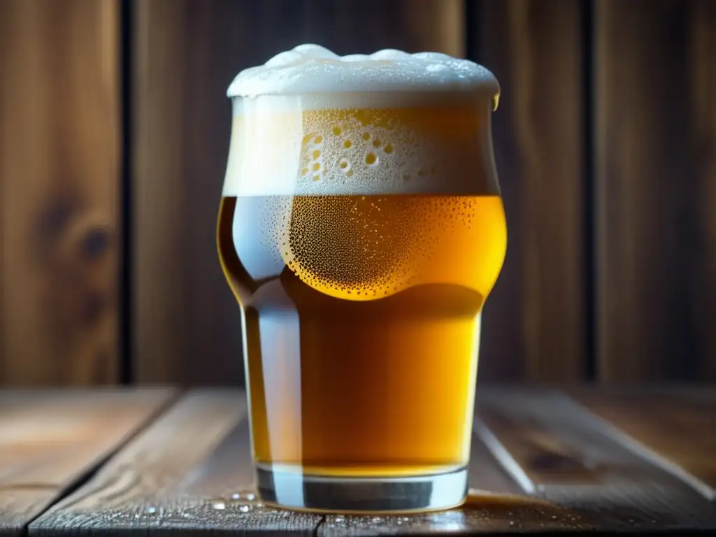 Vaso de cerveza dorada y espumosa en una mesa de madera