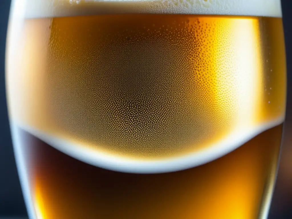 Cerveza dorada de baja graduación con espuma y condensación, burbujas, carbonatación y elegancia