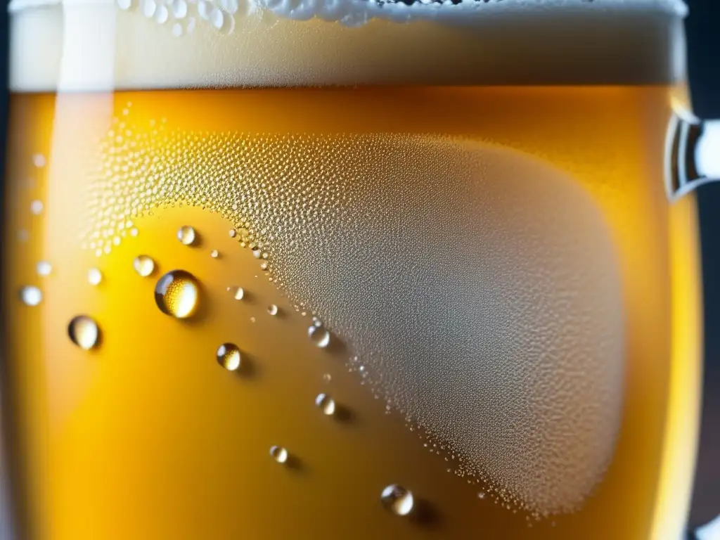 Cerveza dorada y efervescente en vaso helado Imagen de una cerveza dorada y espumosa en una jarra helada, condensación brillante y burbujas ascendentes