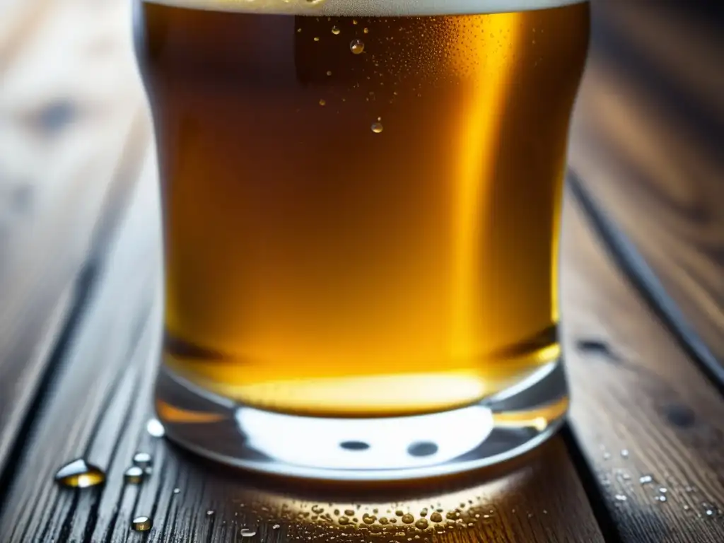 Cerveza dorada con condensación en un vaso sobre mesa de madera