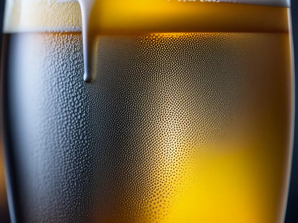 Cerveza dorada con condensación y burbujas Una cerveza dorada con burbujas y espuma, resaltando su carbonatación y textura