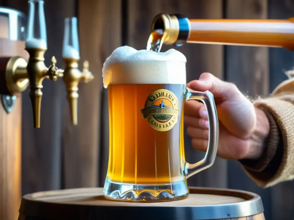 Cerveza dorada vertiéndose en vaso Cerveza de oro con leyenda del pescador y colores vibrantes