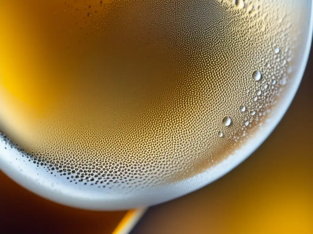 Cerveza dorada con espuma abundante y burbujas, resaltando la armonía de sabores