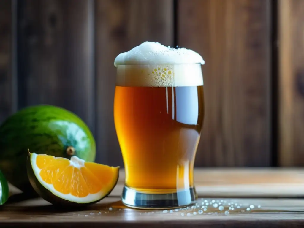 Cerveza dorada con espuma cremosa y ingredientes exóticos Cerveza dorada con espuma blanca cremosa y burbujas