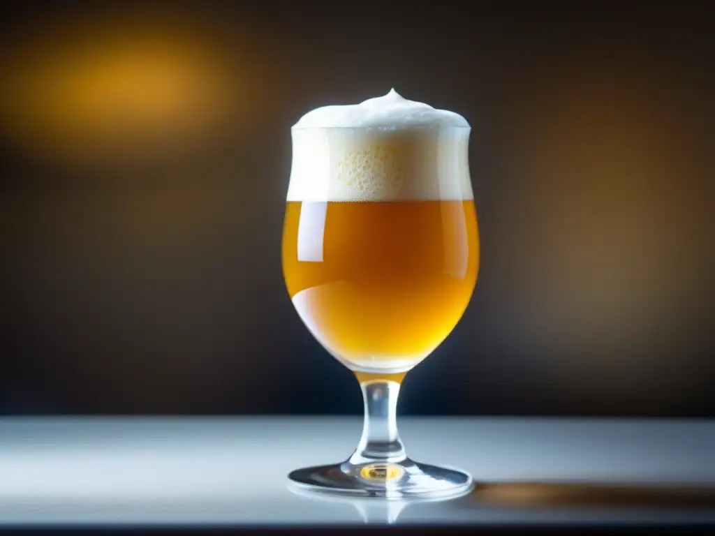 Cerveza belga dorada con espuma cremosa Cerveza belga dorada con espuma cremosa en copa elegante y sofisticada - Bares en Bruselas