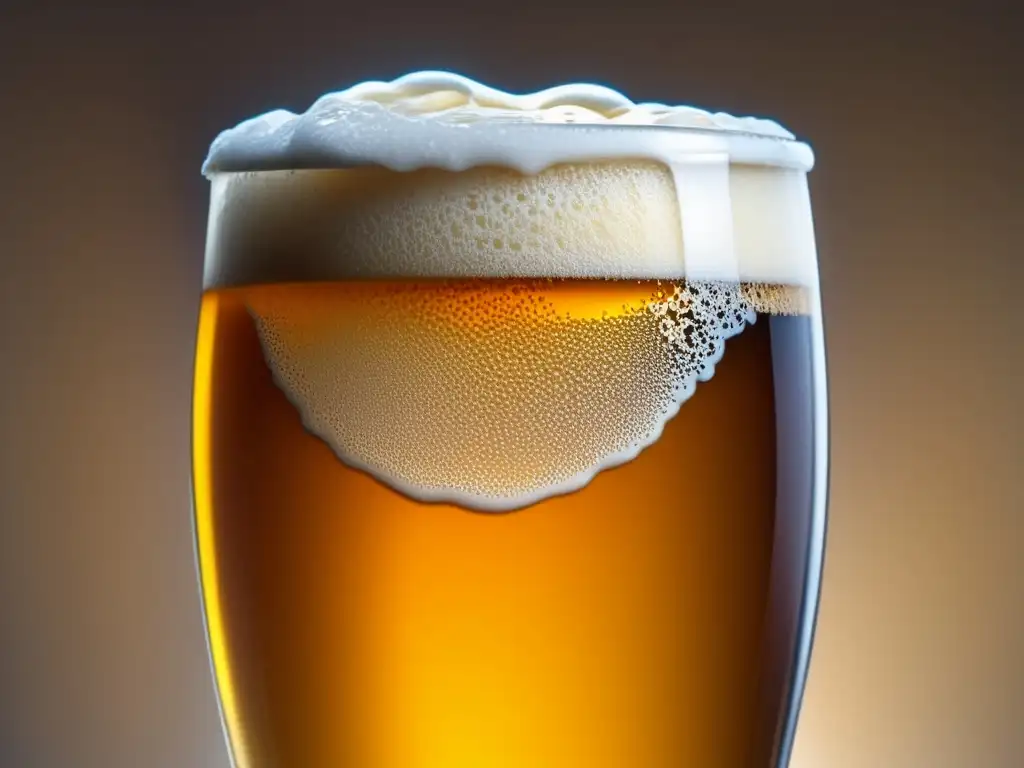Cerveza ámbar con espuma cremosa Cerveza artesanal 'El Mito del Reinheitsgebot': cerveza ámbar con espuma cremosa y burbujas efervescentes en vaso de vidrio