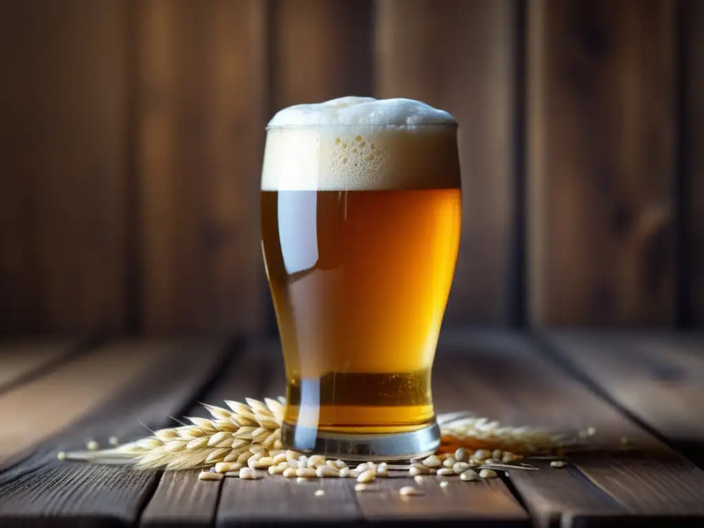 Crema espumosa de cerveza en mesa rústica Cerveza dorada con espuma cremosa y granos de cebada - Ingredientes adicionales
