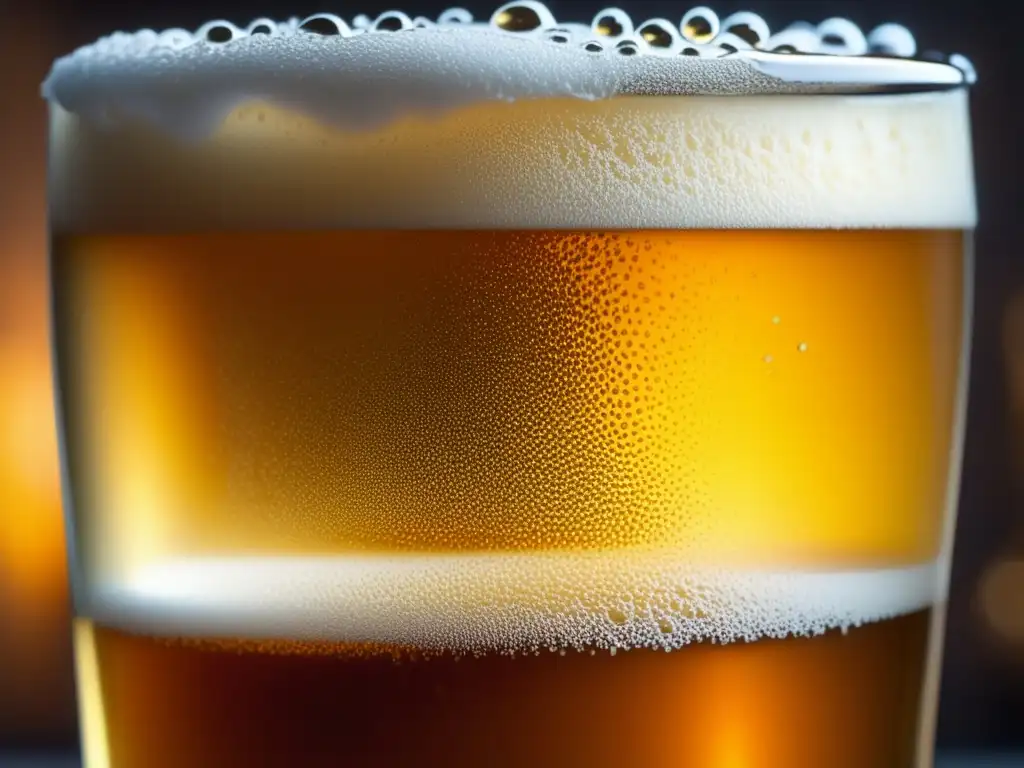Cerveza dorada con espuma cremosa y burbujas Cerveza dorada con burbujas y condensación en un vaso helado