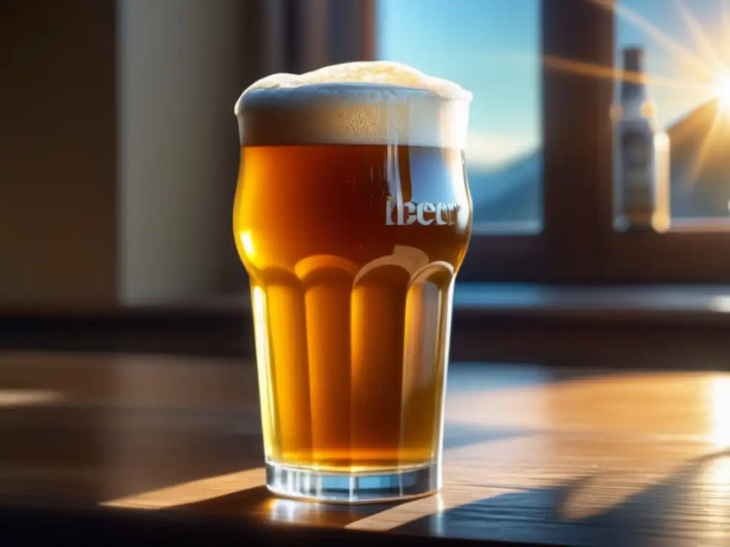 Cerveza dorada con espuma abundante en mesa de madera Imagen de cerveza con iluminación y detalles ultradetallados