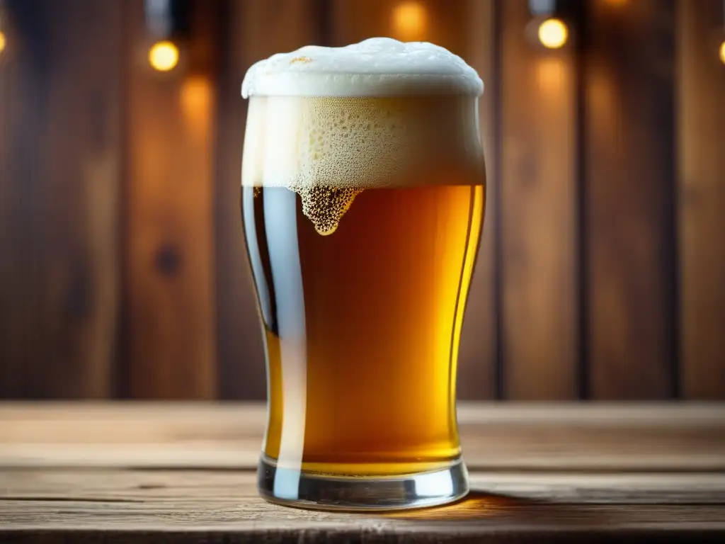 Cerveza dorada con espuma abundante - Imagen detallada de una cerveza dorada con espuma y burbujas, en una mesa de madera - Aireación y Cerveza