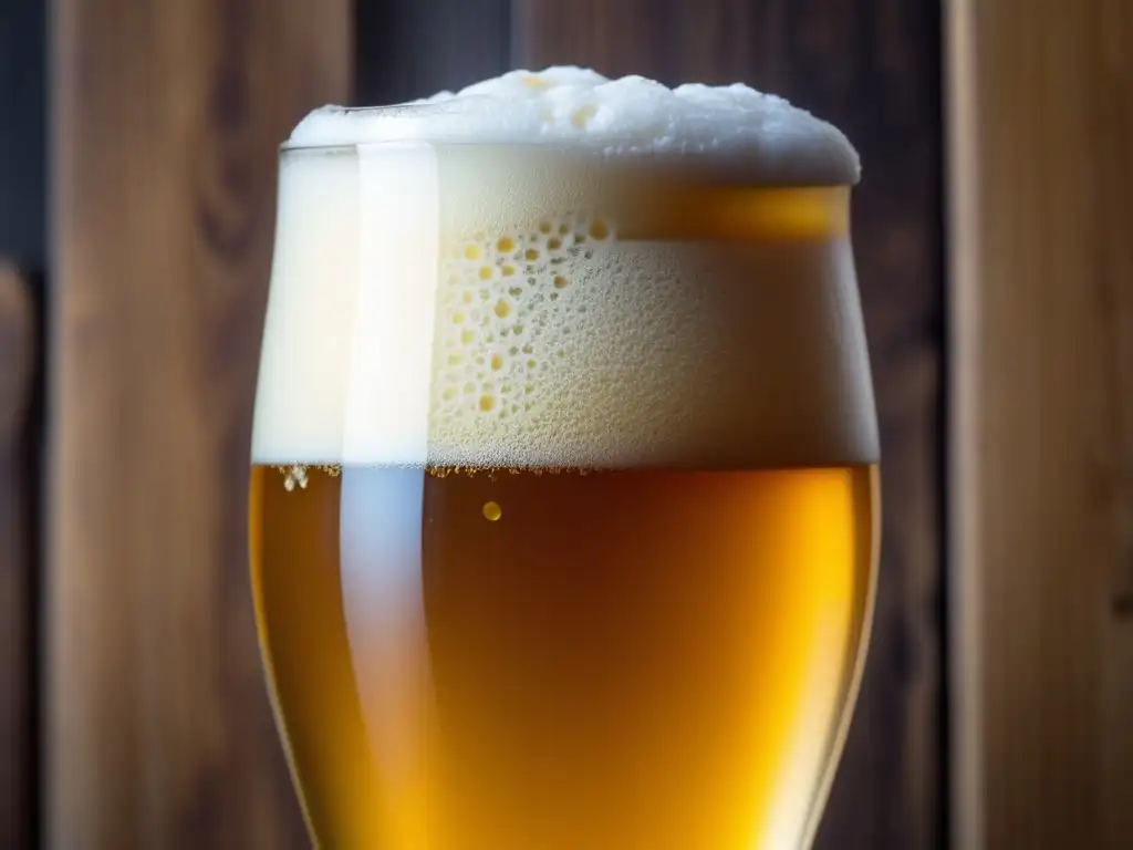 Maestros del Sabor: Cerveza dorada con espuma abundante, burbujas y detalles de ingredientes de la cerveza en mesa de madera