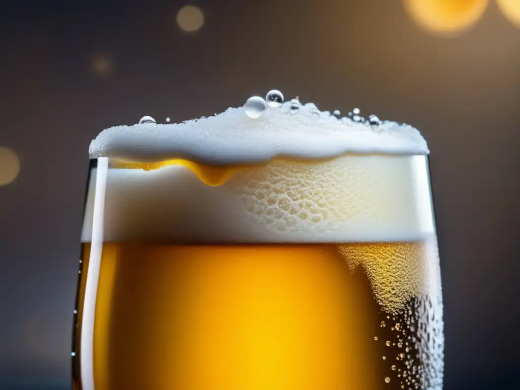 Cerveza dorada con espuma cremosa y lúpulo fresco Detallada imagen de una cerveza experimental dorada en un vaso, con espuma cremosa y burbujas