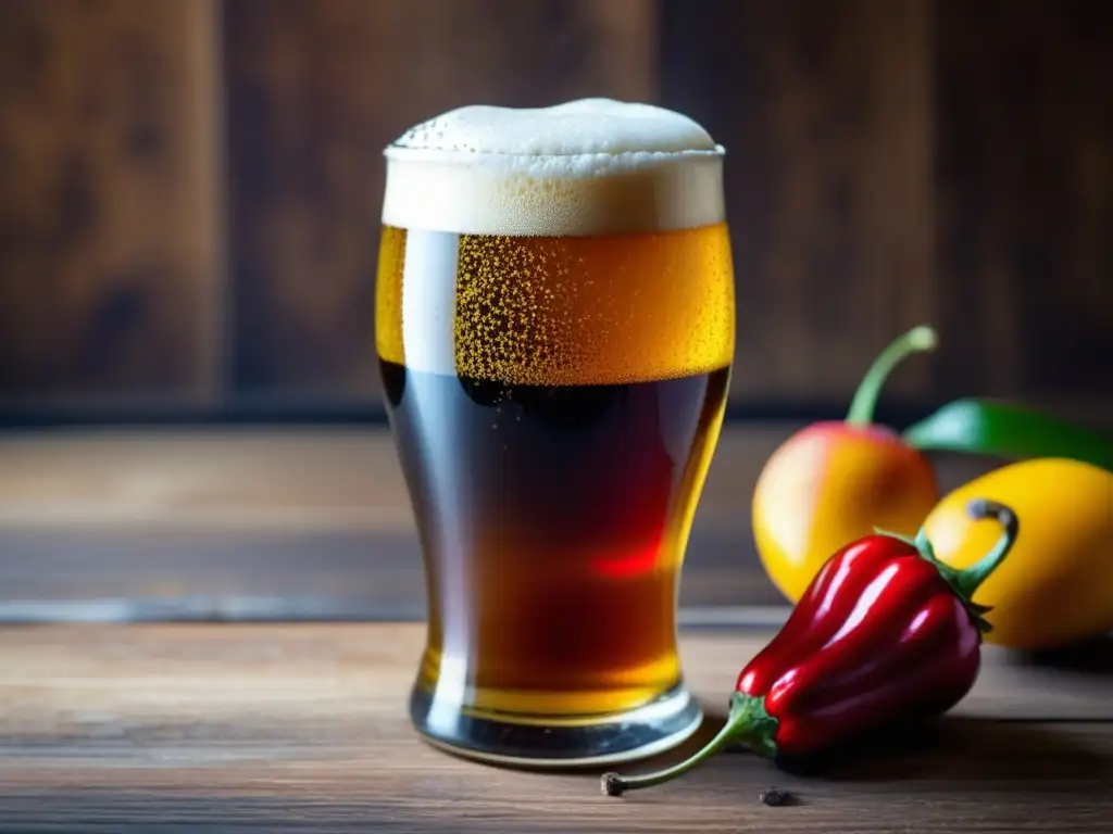 Sabiduría Líquida: Vaso de cerveza dorada con espuma, ingredientes exóticos y texturas cautivadoras