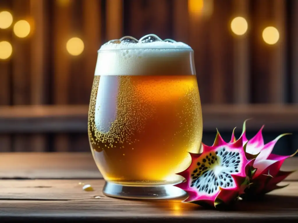 Sabiduría Líquida: Cerveza dorada con burbujas, dragon fruit, hierbabuena y hibiscus en una mesa rústica