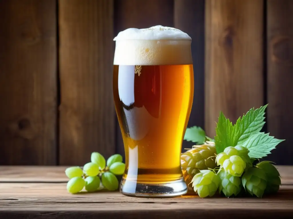 Cerveza dorada con ingredientes tradicionales Detallada imagen de una cerveza dorada en un vaso, rodeada de ingredientes tradicionales