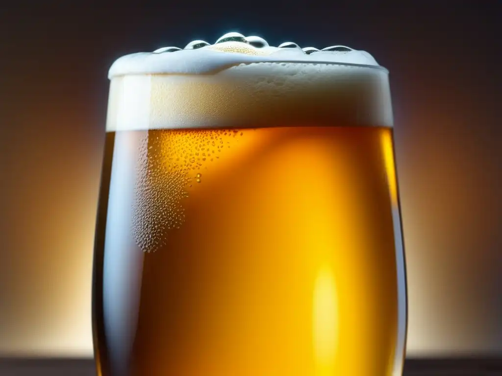 Cerveza dorada con lúpulos suspendidos Imagen de cerveza 8k, con brillo y color dorado, condensación realista, burbujas y lúpulos suspendidos - Léxico cervecero