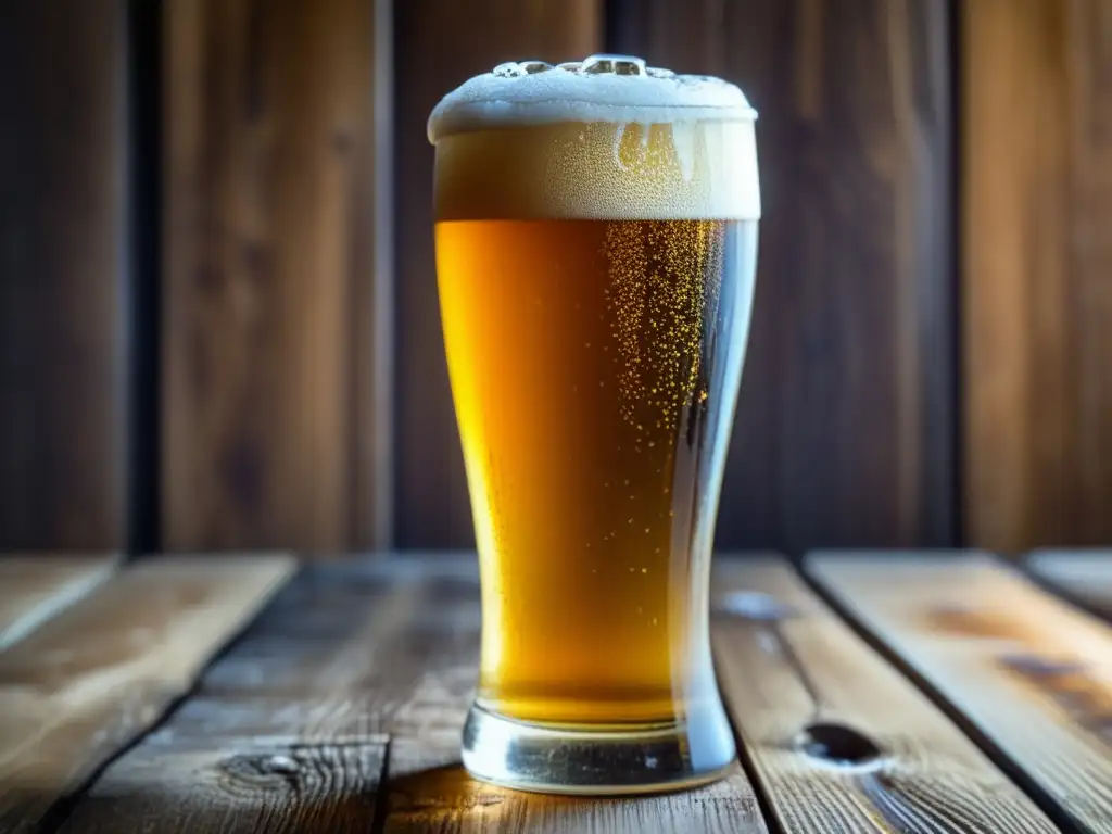 Cerveza dorada con espuma cremosa y miel en un vaso sobre mesa de madera