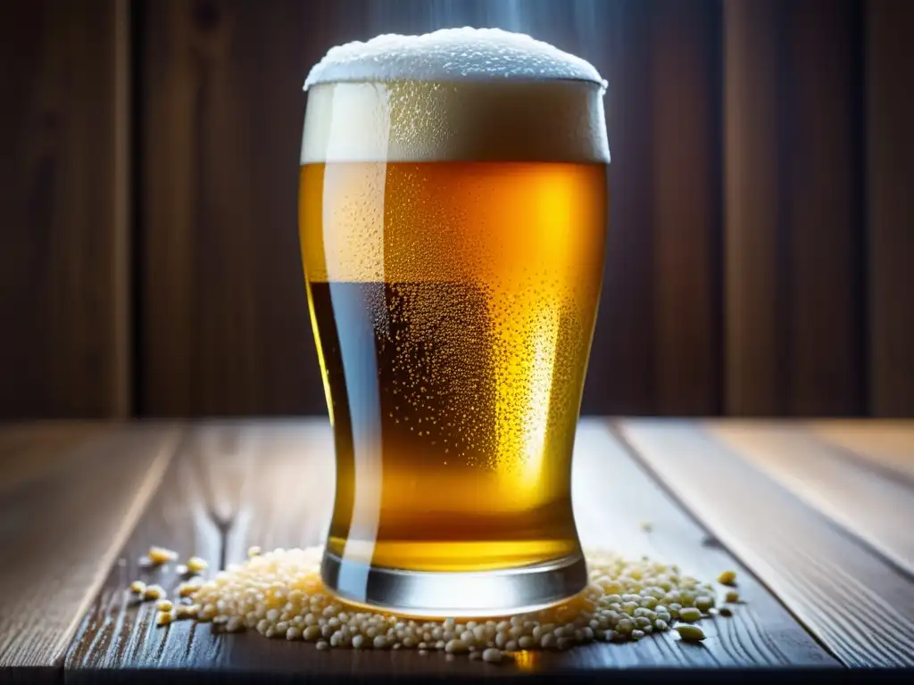 Cerveza dorada en vaso helado Vaso de cerveza dorada congelada, rodeado de granos de cebada y lúpulo, en una mesa de madera