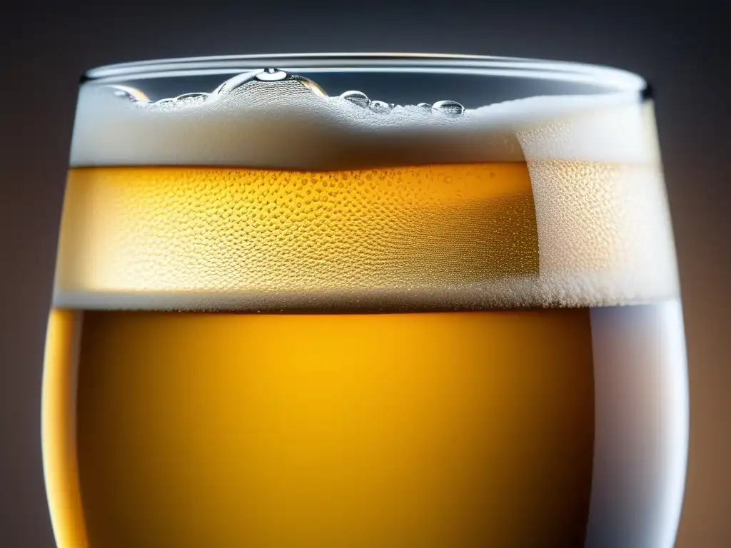 Cerveza dorada con burbujas Cerveza dorada con burbujas, condensación y gotas en un vaso cristalino - Tapas y Coronas