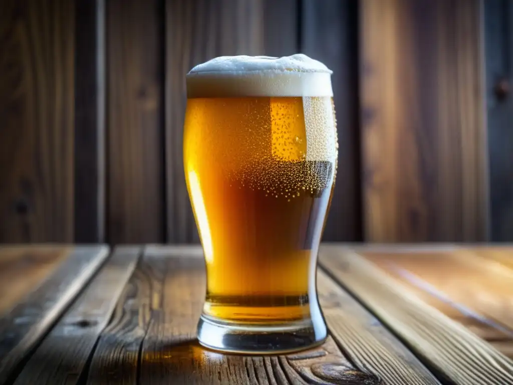 Cerveza dorada con espuma cremosa y ingredientes Tendencias Cerveceras: Vaso de cerveza dorada con espuma cremosa, condensación y ingredientes artísticamente dispuestos
