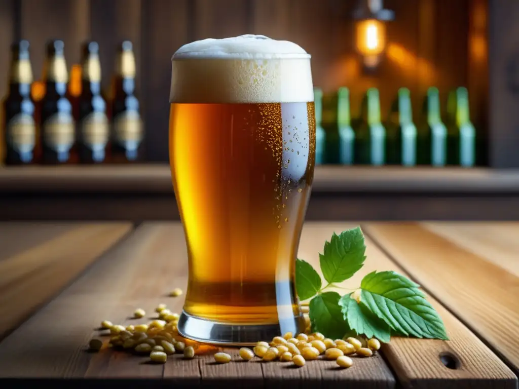 Cerveza dorada en vaso con detalles Detallada imagen de una cerveza en un vaso, con elementos relacionados a la cerveza y condensación, destacando el color ámbar