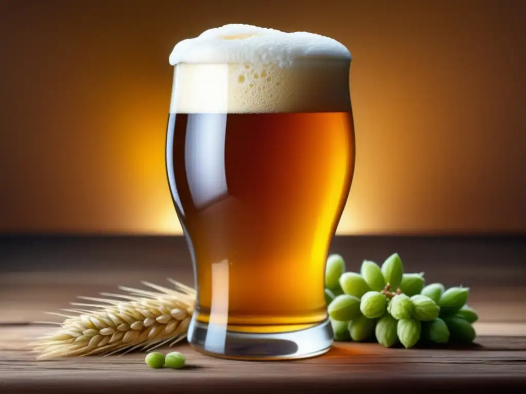 Glosario cervecero: Detallada imagen de una cerveza ámbar en vaso de vidrio, con burbujas, espuma, y elementos de la cerveza