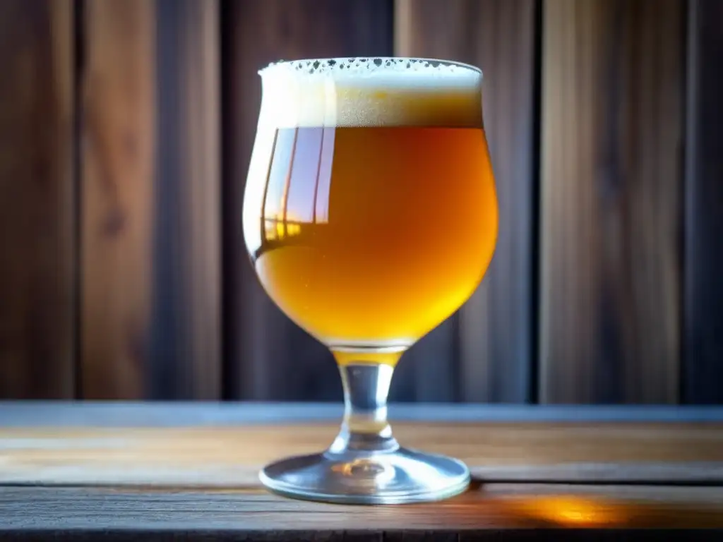Cerveza ácida dorada y burbujeante en vaso de cristal Cervezas Ácidas: Cerveza ácida dorada con burbujas, espuma delicada y fondo de mesa de madera rústica