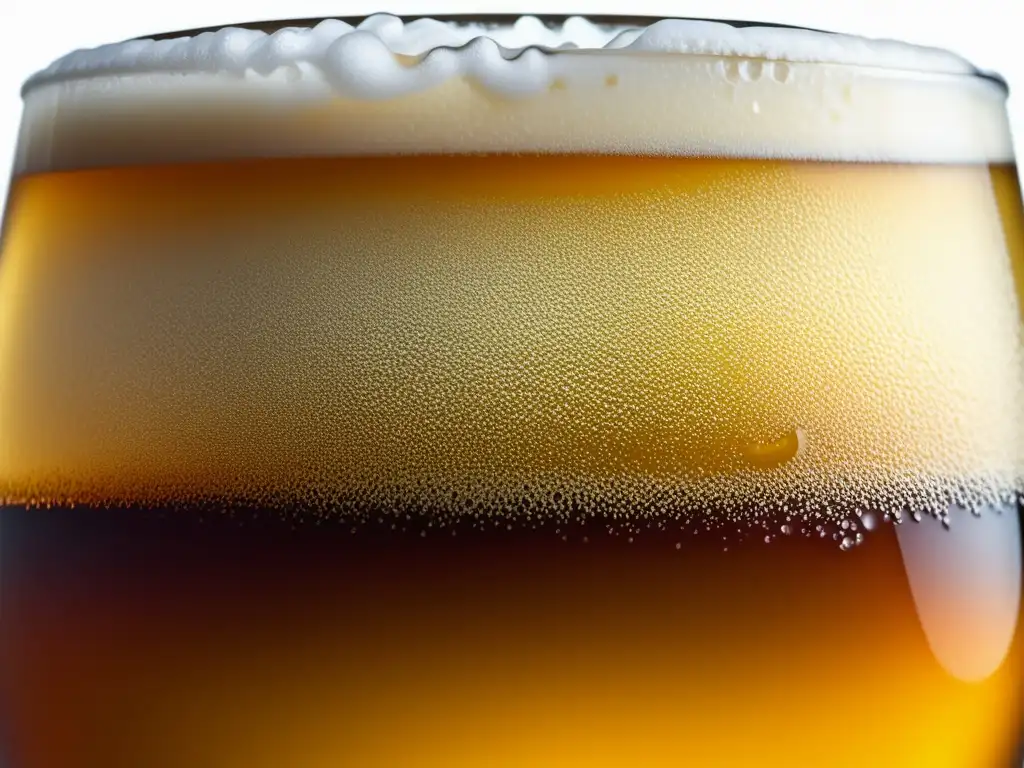 Cerveza ámbar refrescante con espuma Tesoros del Homebrewing: Cerveza ácida dorada, efervescente, con condensación y matices de color, creando un efecto visual refrescante