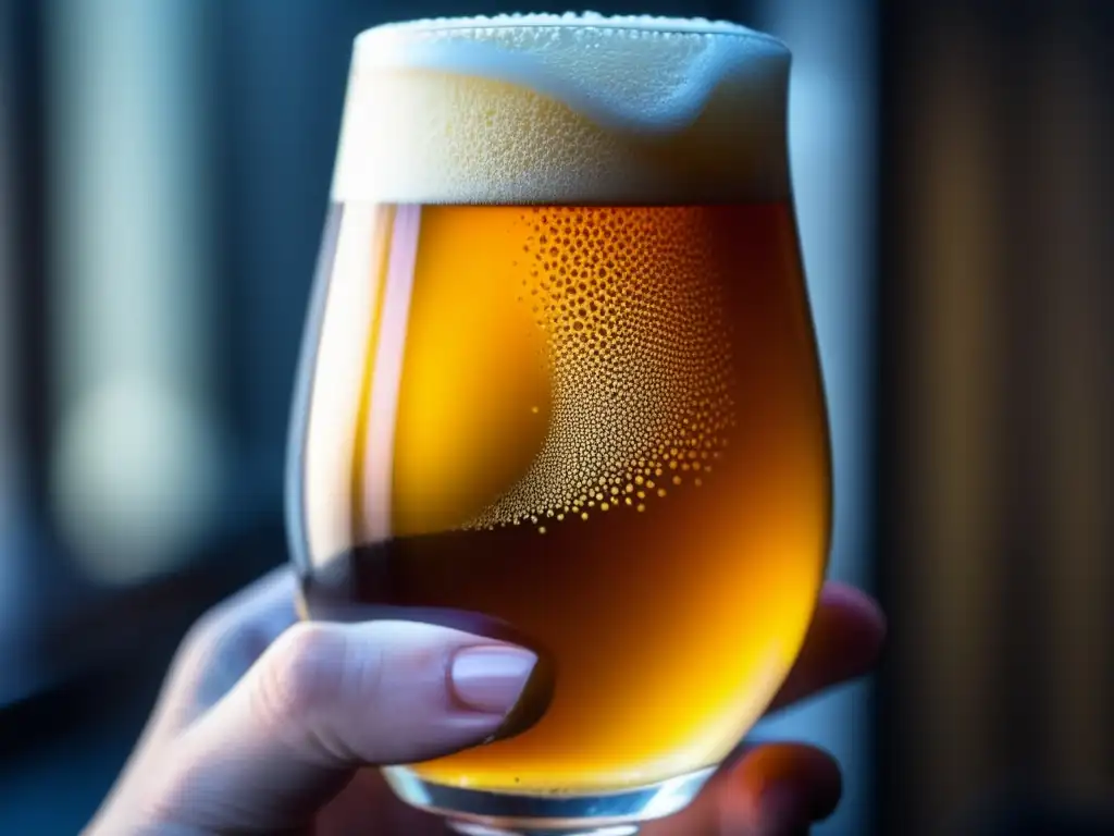 Cerveza dorada burbujeante en vaso, detalle de manos y experimentación