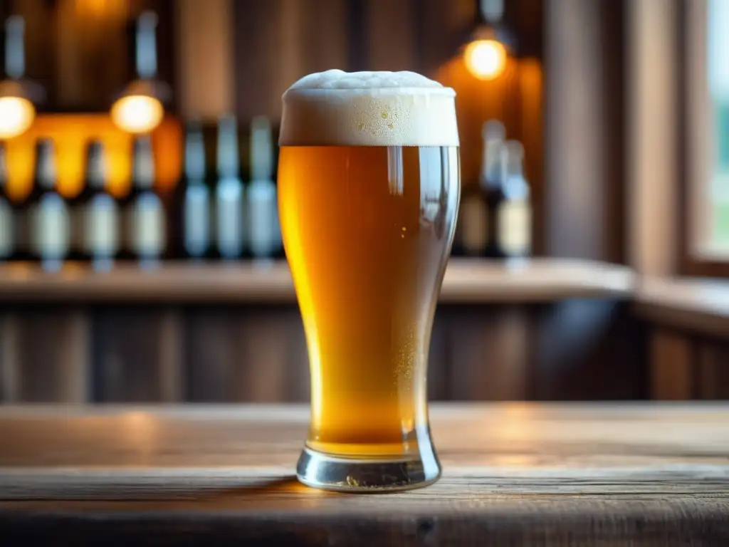 Delicioso vaso de cerveza en Delirium Café Vaso de cerveza dorada en bar de madera - Bares en Bruselas
