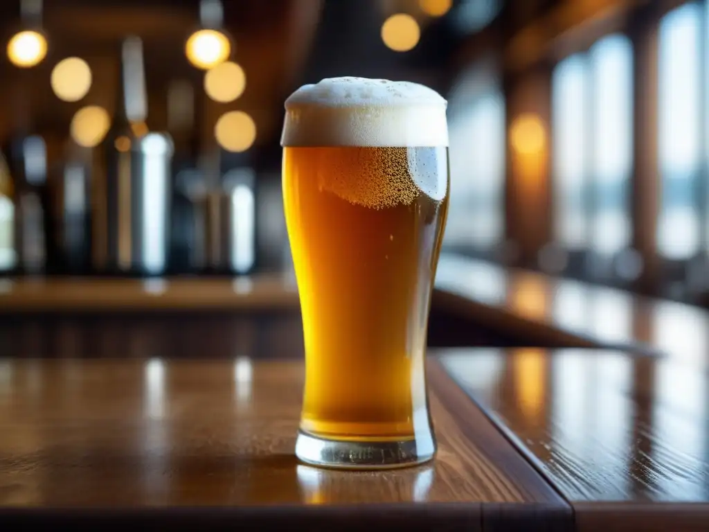 Cerveza dorada con espuma en bar de Auckland